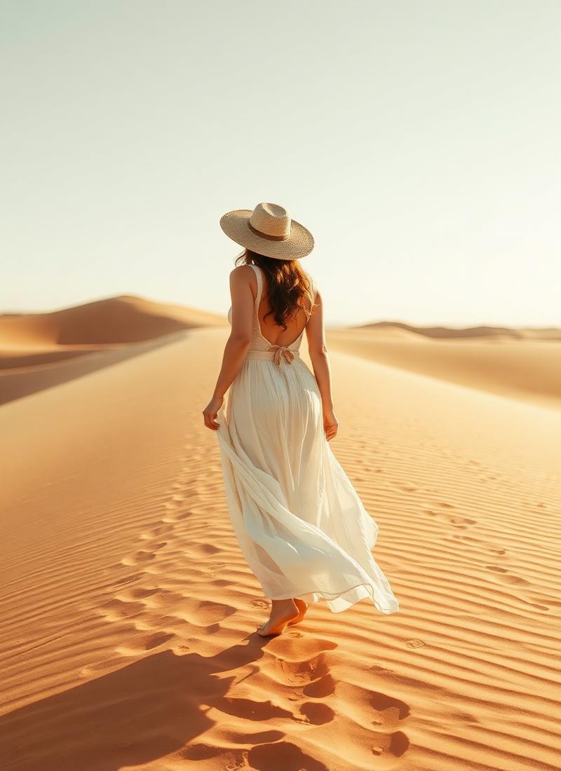 Mujer con sombrero caminando por dunas del desierto