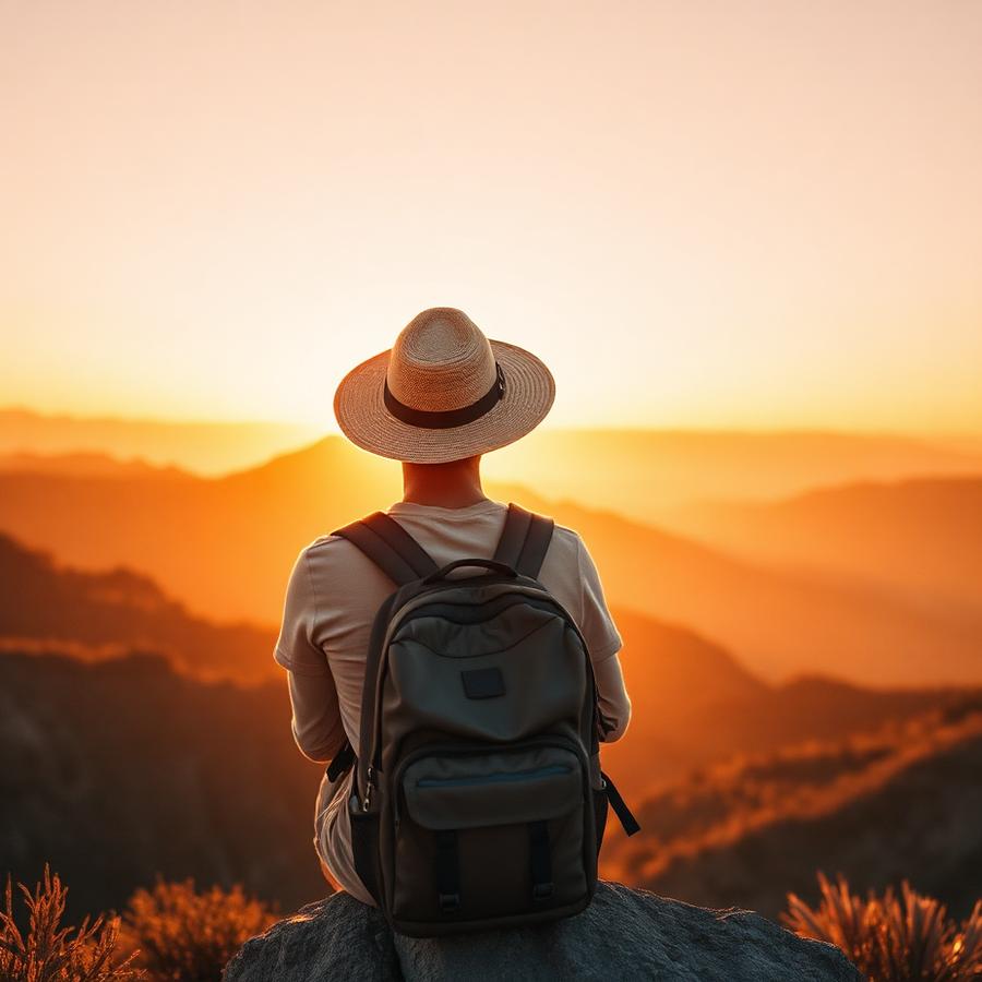 Viajero con sombrero y mochila sentado en una roca mirando las montañas al atardecer